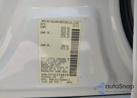 2014 Nissan Altima 2.5 Sl z USA, uszkodzony, nr VIN 1N4AL3AP7EN254829